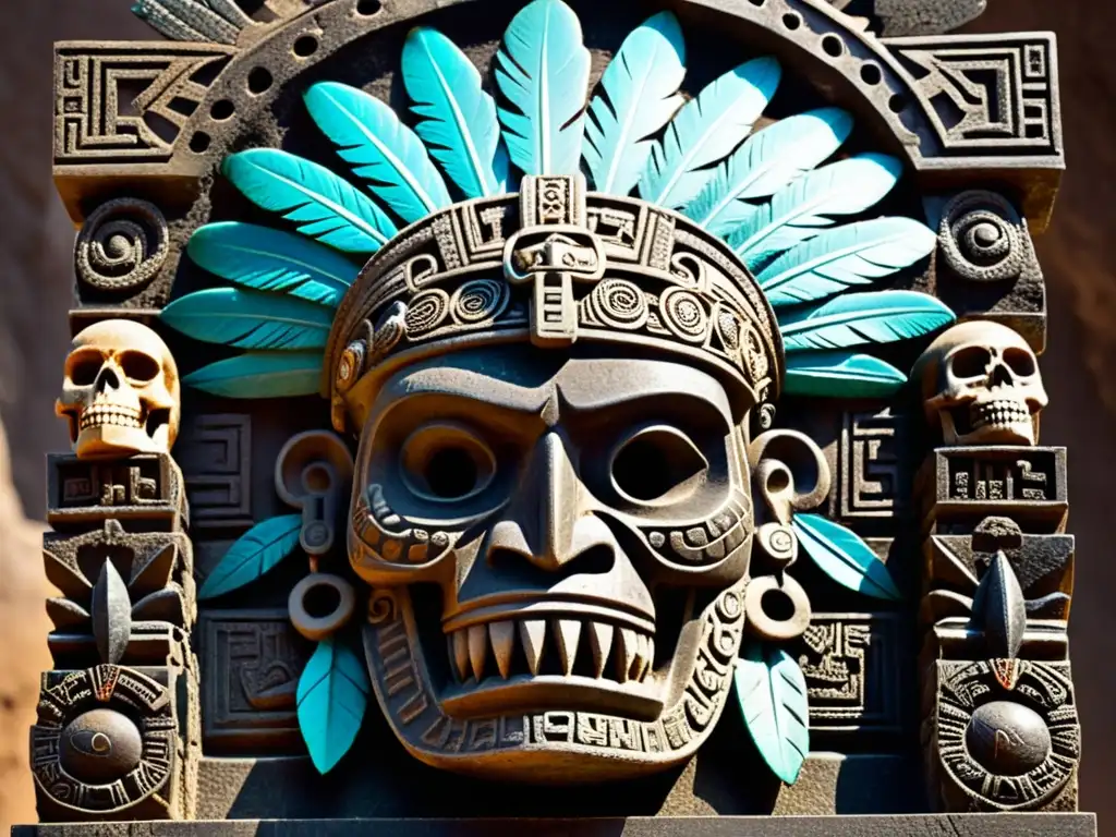 Detallada escultura en piedra del dios Azteca Tezcatlipoca, con una expresión severa y una atmósfera de oscura sabiduría