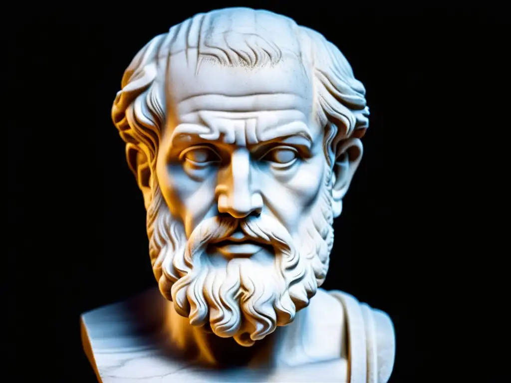 Detallada escultura de mármol de un filósofo griego antiguo, expresión contemplativa, textura marcada por el tiempo