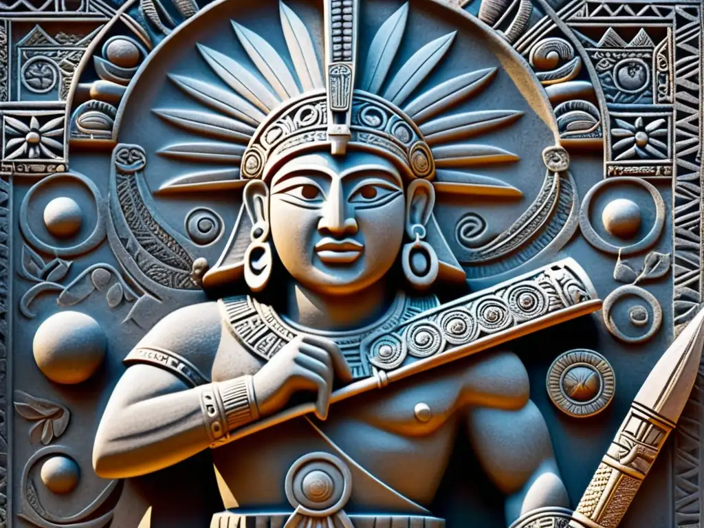 Detallada escultura de guerrero mesoamericano con atuendo ceremonial y símbolos de principios éticos del código mesoamericano