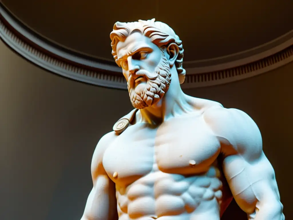 Detallada escultura de Hércules, con marcadas expresiones musculares y vestimenta, iluminada por luz natural