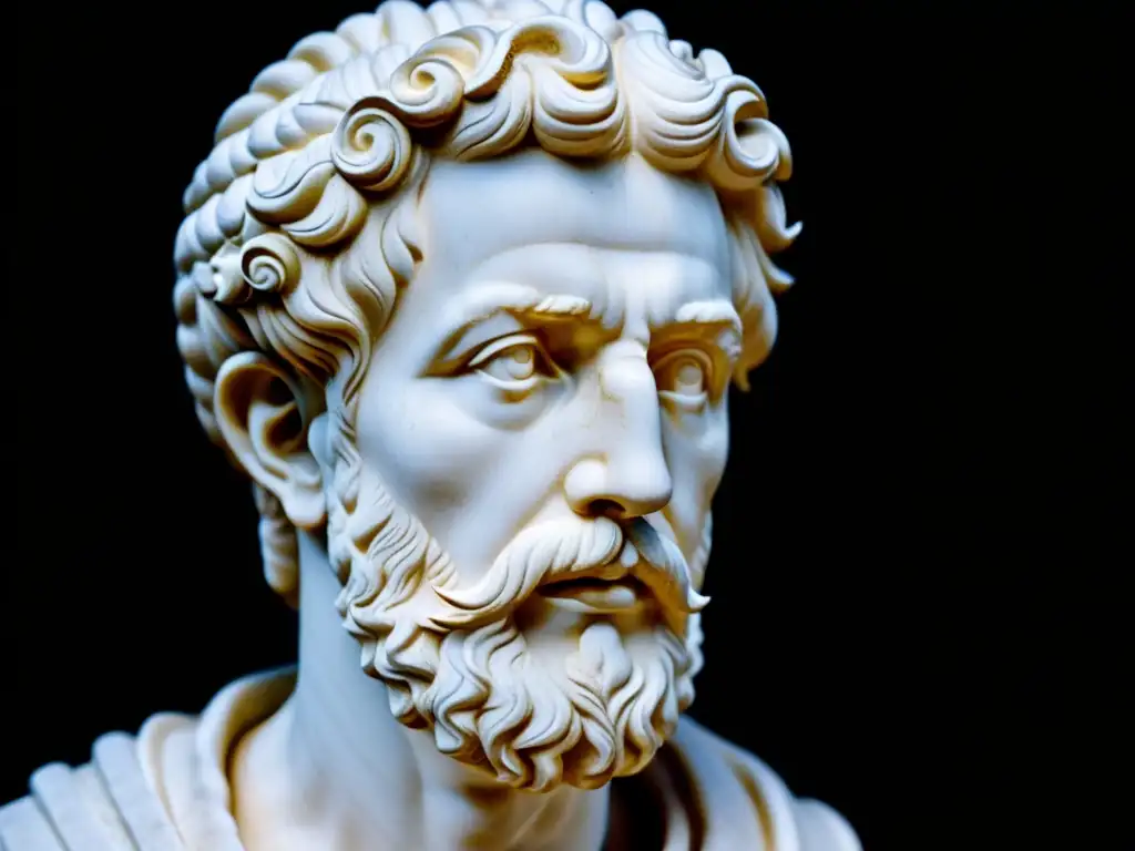 Detallada escultura de mármol de Marco Aurelio, con expresión estoica y detalles intrincados