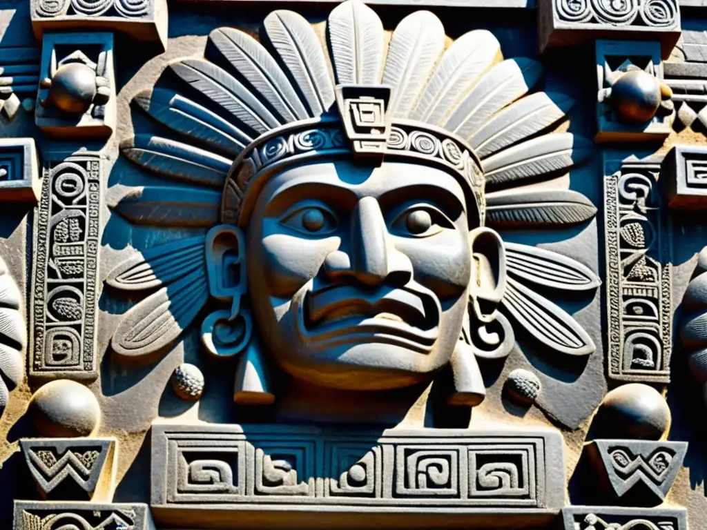 Detallada escultura de piedra del dios Azteca Tezcatlipoca, con expresión severa y espejos de obsidiana en lugar de ojos