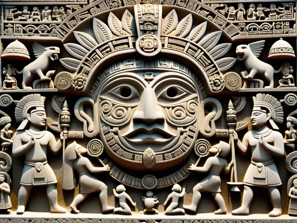 Detallada escultura de piedra de un ritual de transición mesoamericano, con figuras y detalles vibrantes que reflejan la profunda tradición cultural y espiritual