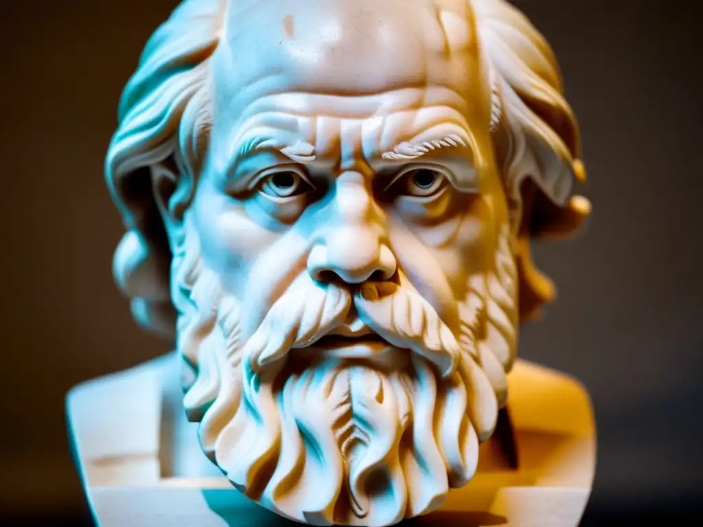 Detallada escultura en mármol de Sócrates, con arrugas, mirada intensa y labios sutiles