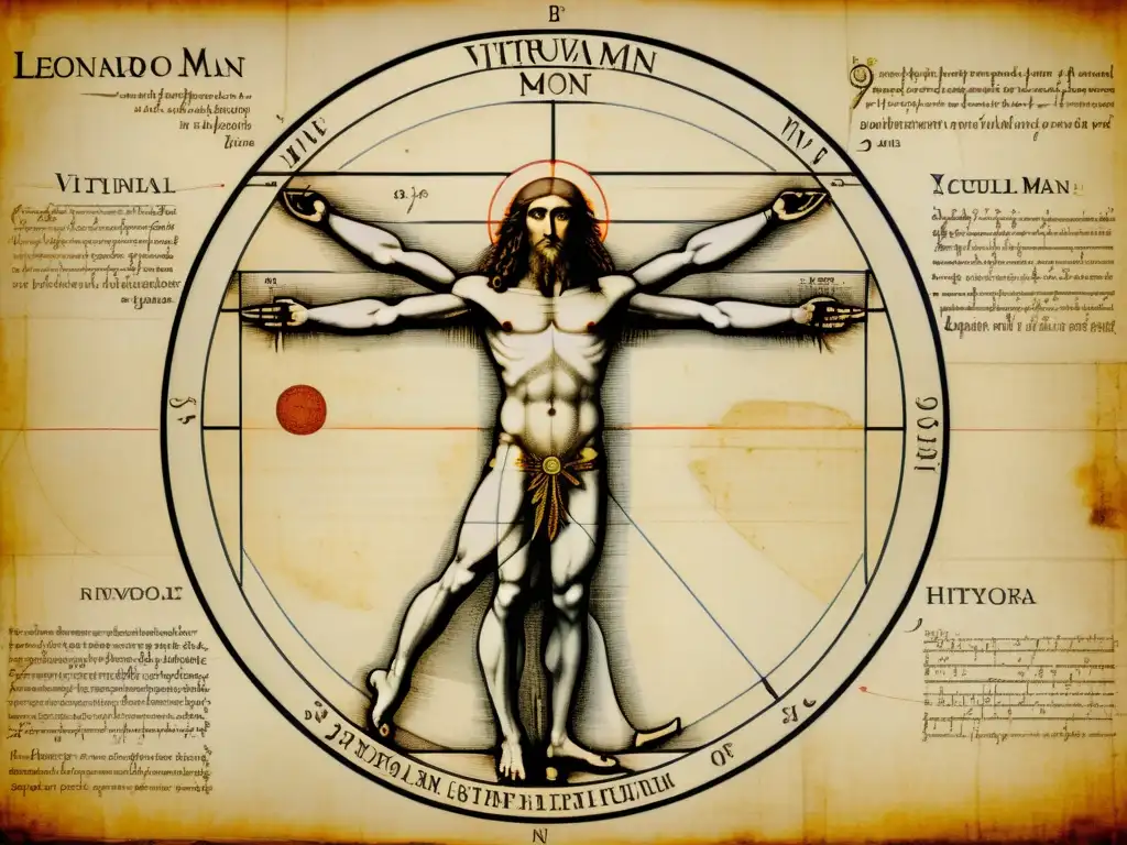 Detallada representación del Hombre de Vitruvio de Leonardo da Vinci, con anotaciones y diagramas resaltando su significado filosófico y cultural