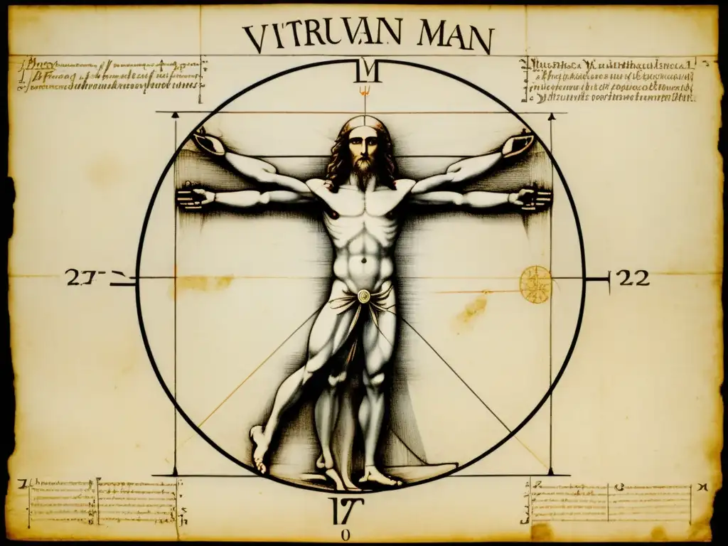 Una fotografía detallada del 'Hombre de Vitruvio' de Leonardo da Vinci, resaltando la simetría y el equilibrio de la composición