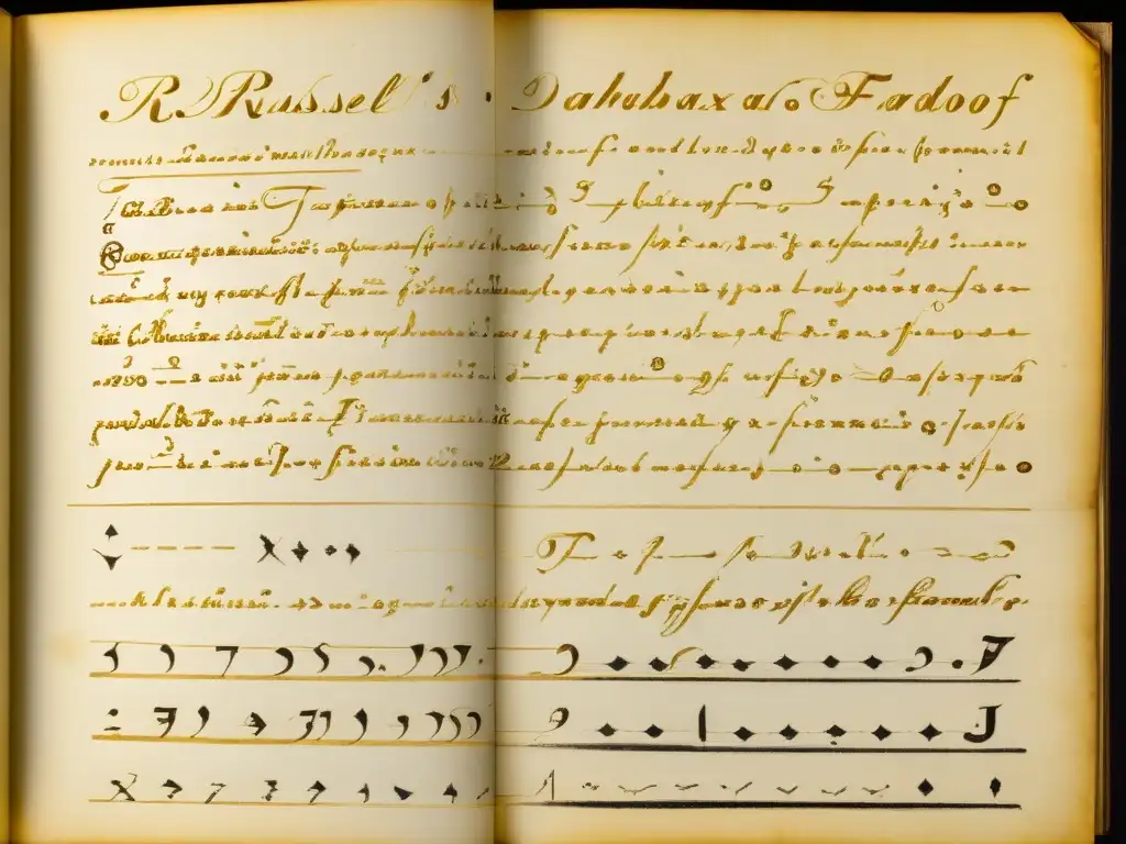 Detallada imagen de una antigua prueba matemática escrita a mano, resaltando la Paradoja de Russell y su enigmático lenguaje matemático