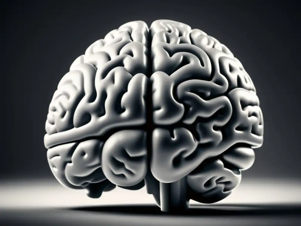 Detallada imagen en blanco y negro de un modelo de cerebro humano en contraste con libros antiguos sobre filosofía de la ciencia cognitiva
