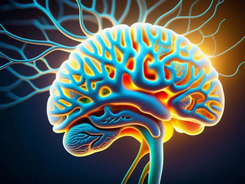 Detallada imagen de un cerebro humano con intrincadas conexiones neuronales, resaltando la evolución de la conciencia en filosofía
