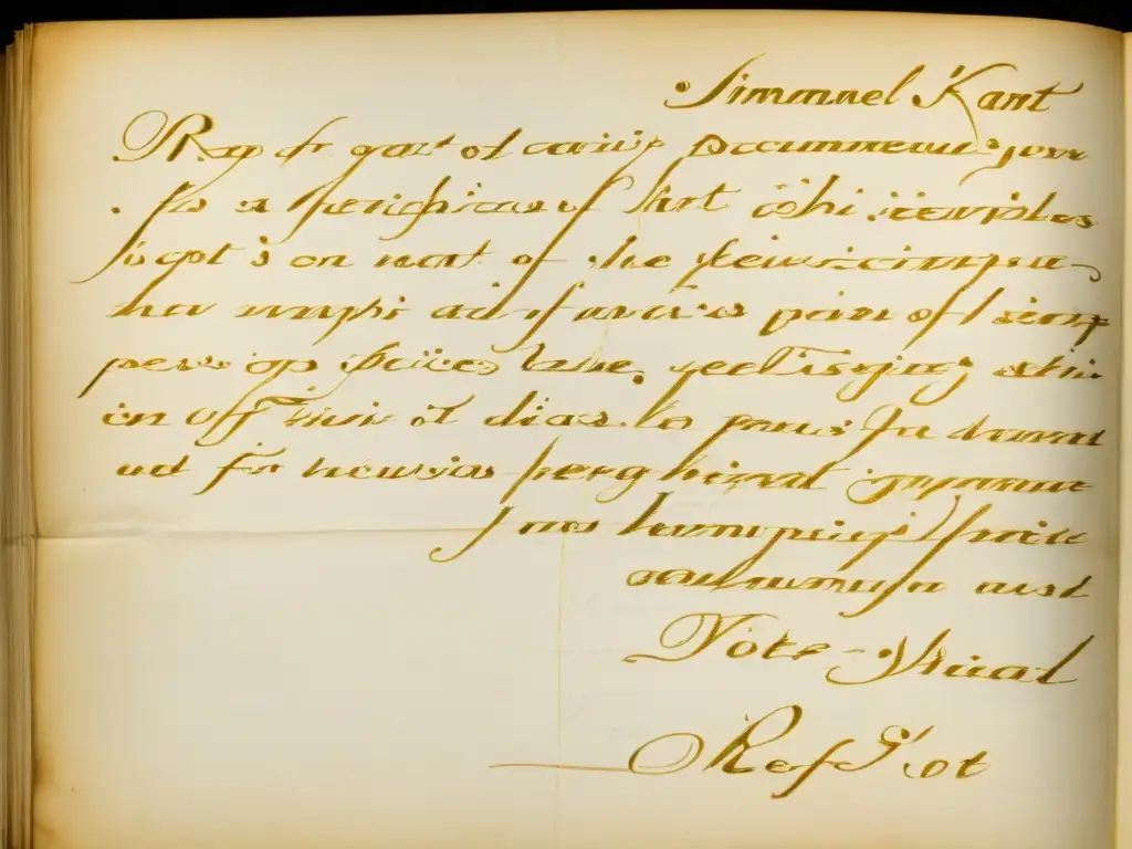 Detallada imagen documental de las notas manuscritas de Immanuel Kant sobre el imperativo categórico, mostrando su meticulosa caligrafía y el papel envejecido, evocando reverencia académica y profundidad filosófica