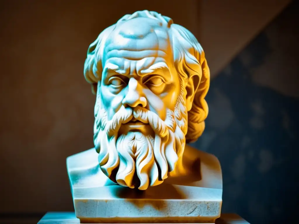 Detallada imagen en 8k de la escultura de mármol de Sócrates, con sus expresivos rasgos iluminados por la luz