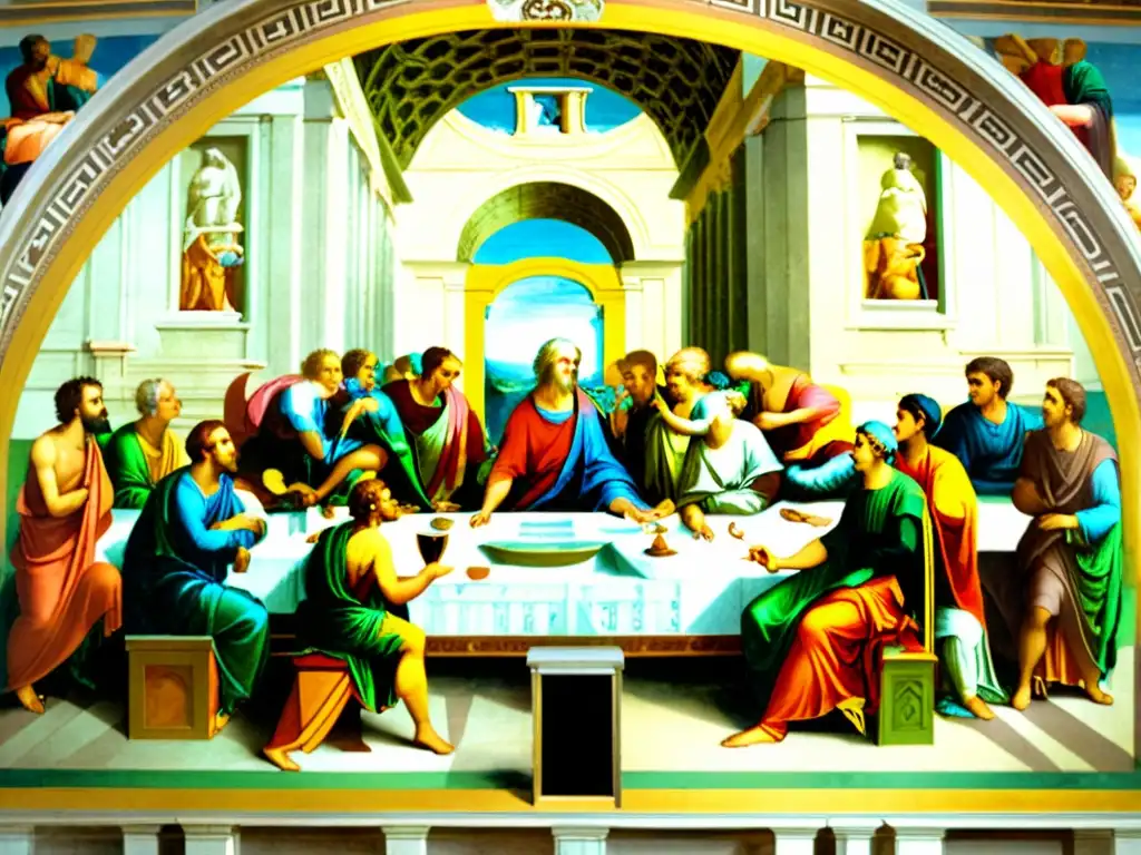 Detallada imagen del fresco 'La Escuela de Atenas' de Platón, con filósofos debatiendo