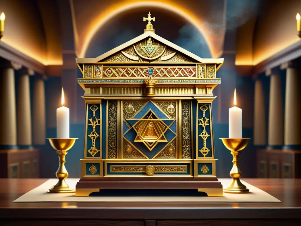 Detallada imagen del Tabernáculo hebreo antiguo, con el Arca de la Alianza y el altar del incienso, rodeados de levitas en sus deberes religiosos