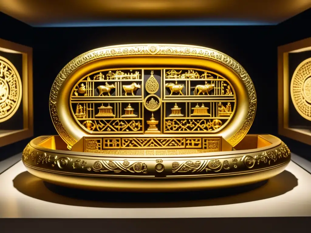 Una detallada imagen en 8k de una intrincada balsa dorada Muisca, con símbolos de su religión y filosofía, resplandece en una tenue exhibición