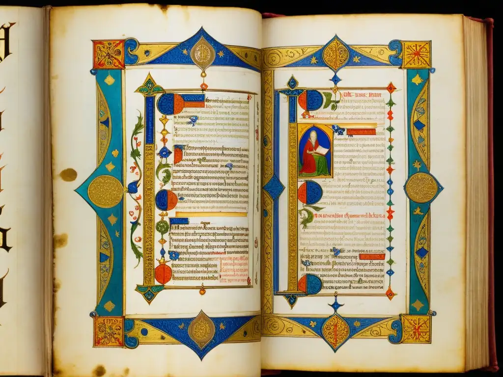 Una detallada imagen de un manuscrito medieval con intrincada caligrafía e ilustraciones vibrantes, representando el concepto de libre albedrío y predestinación en la teología medieval