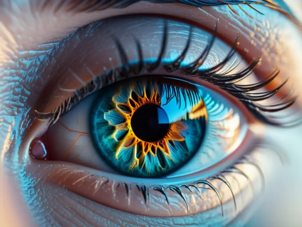 Detallada imagen en 8k de un ojo humano, con patrones del iris, red de vasos sanguíneos y juego de luces
