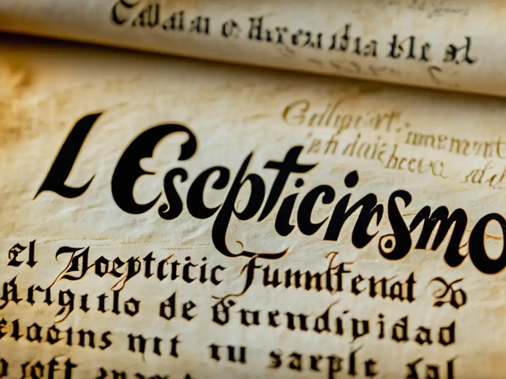 Detallada imagen de un pergamino antiguo con la frase 'El escepticismo como fundamento de la postmodernidad' escrita en elegante caligrafía
