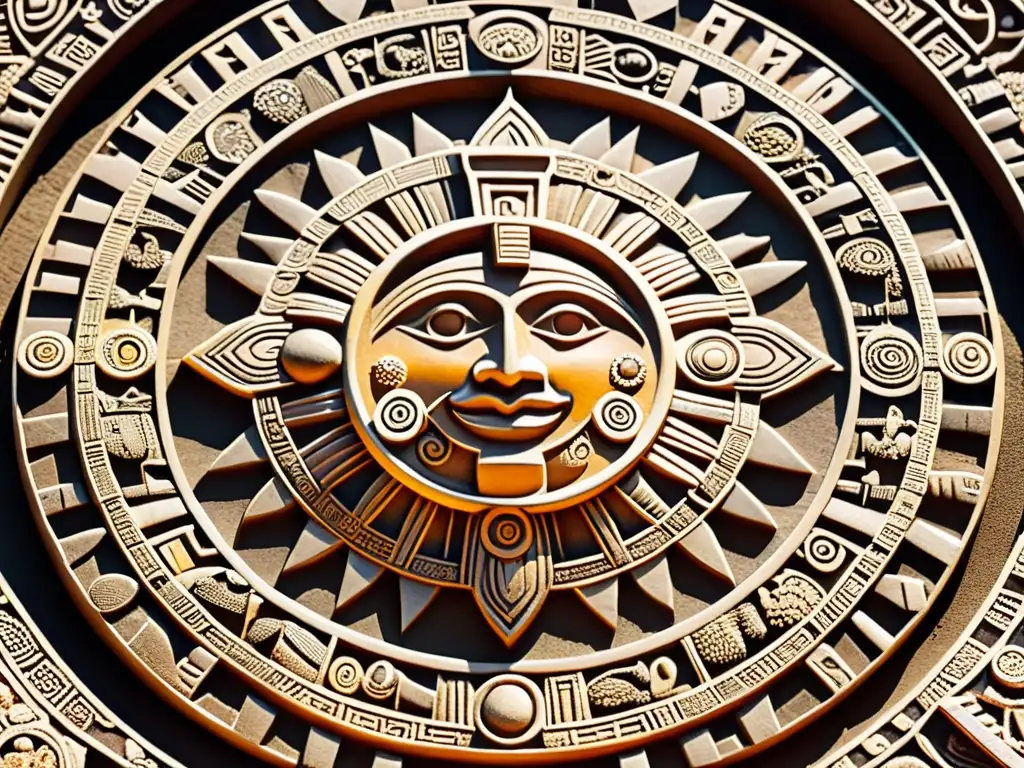 Detallada imagen de la Piedra del Sol Azteca, con intrincados grabados que representan el concepto del tiempo en Mesoamérica