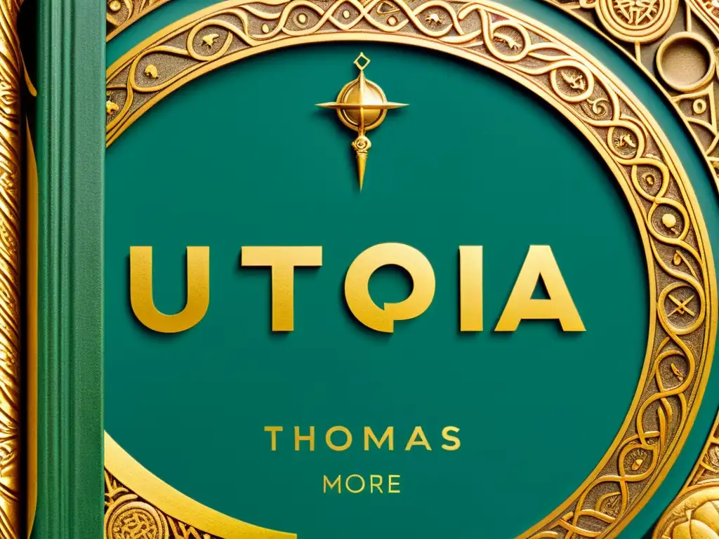 Detallada imagen de la portada de 'Utopía' de Tomás Moro, con diseño e tipografía envejecidos, evocando sabiduría e historia