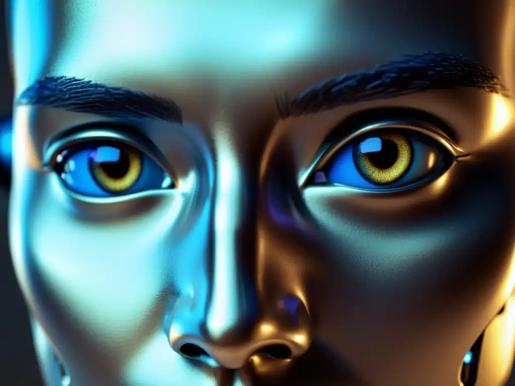 Detallada imagen de un rostro de robot con piel artificial, ojos realistas y componentes mecánicos