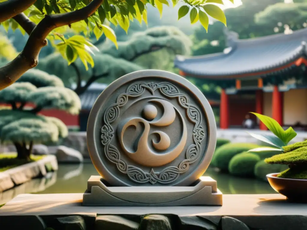 Detallada imagen 8k del símbolo de Tai Chi esculpido en tableta de piedra en jardín chino sereno, con patrones intrincados y caligrafía antigua