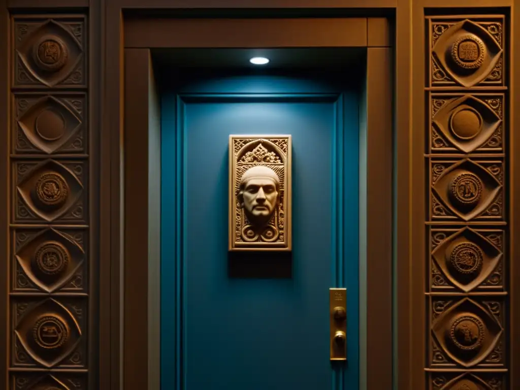 Detallada imagen de la icónica puerta de 'Being John Malkovich', con símbolos enigmáticos y una atmósfera de misterio