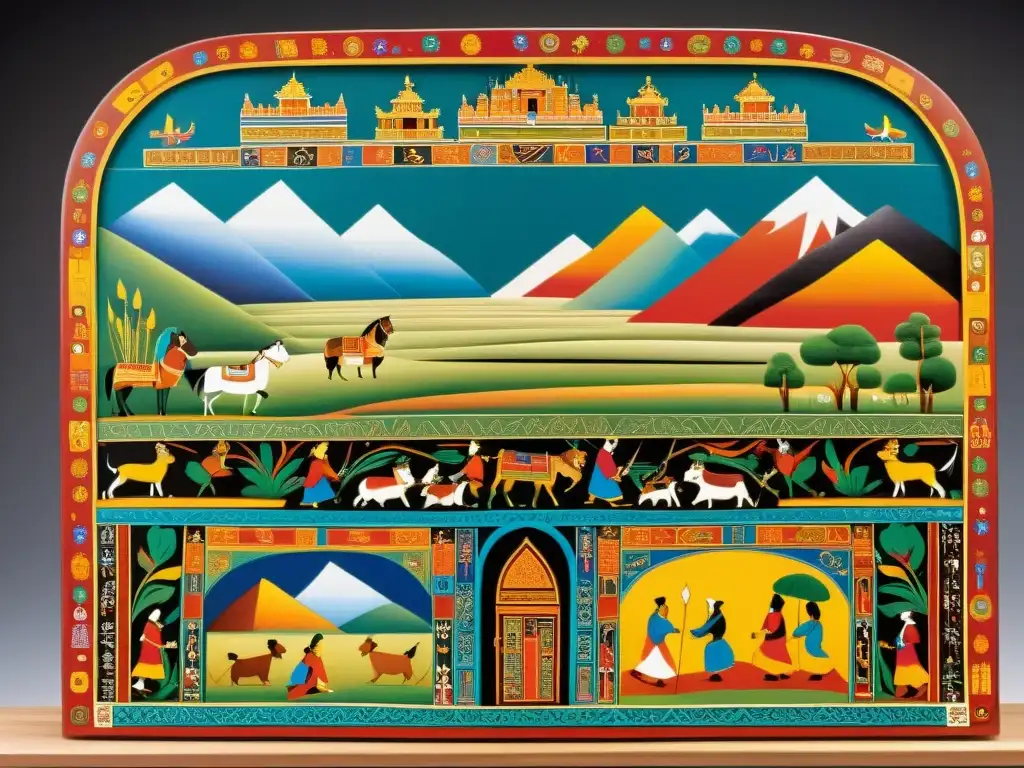 Detallada imagen de una tabla narrativa Sarhua, con colores vibrantes y escenas que transmiten conocimiento filosófico