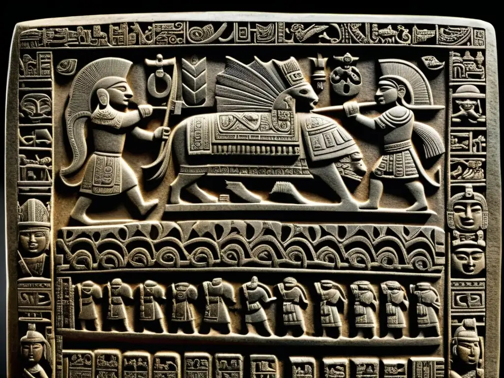 Detallada imagen de una tableta de piedra mesoamericana con el código de honor guerrero