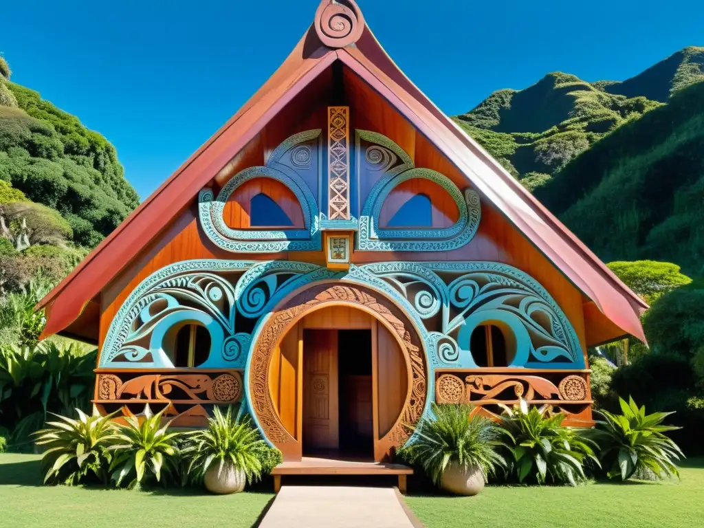 Detallada imagen de un wharenui maorí, con tallados y pinturas vibrantes que cuentan historias y tradiciones maoríes