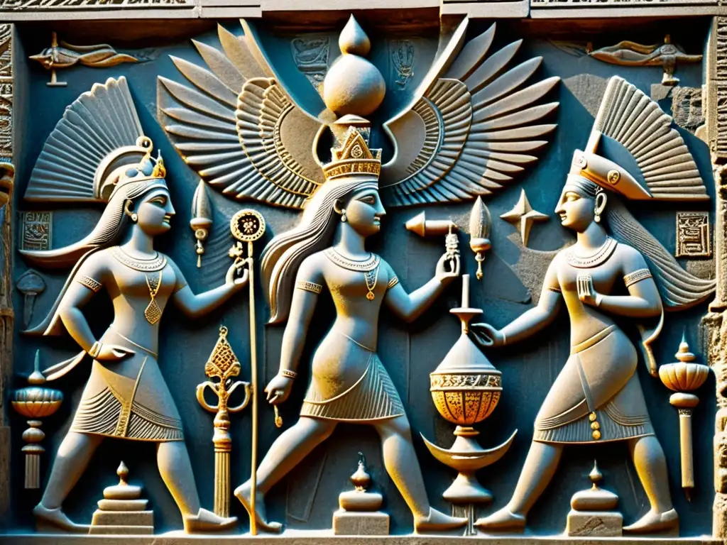 Una detallada imagen en ultra alta resolución de un relieve de piedra que representa deidades y símbolos zoroástricos en las ruinas de la antigua ciudad de Persepolis