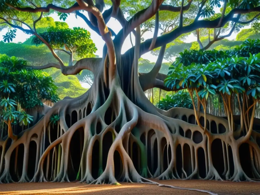 Detallada fotografía de las intrincadas raíces de un árbol Banyan, ejemplos de sincretismo filosófico en la naturaleza