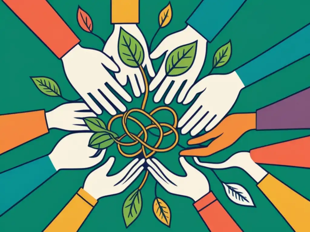 Detallada ilustración de manos entrelazadas con raíces y hojas, simbolizando la ética del cuidado filosófica crisis social con belleza y complejidad