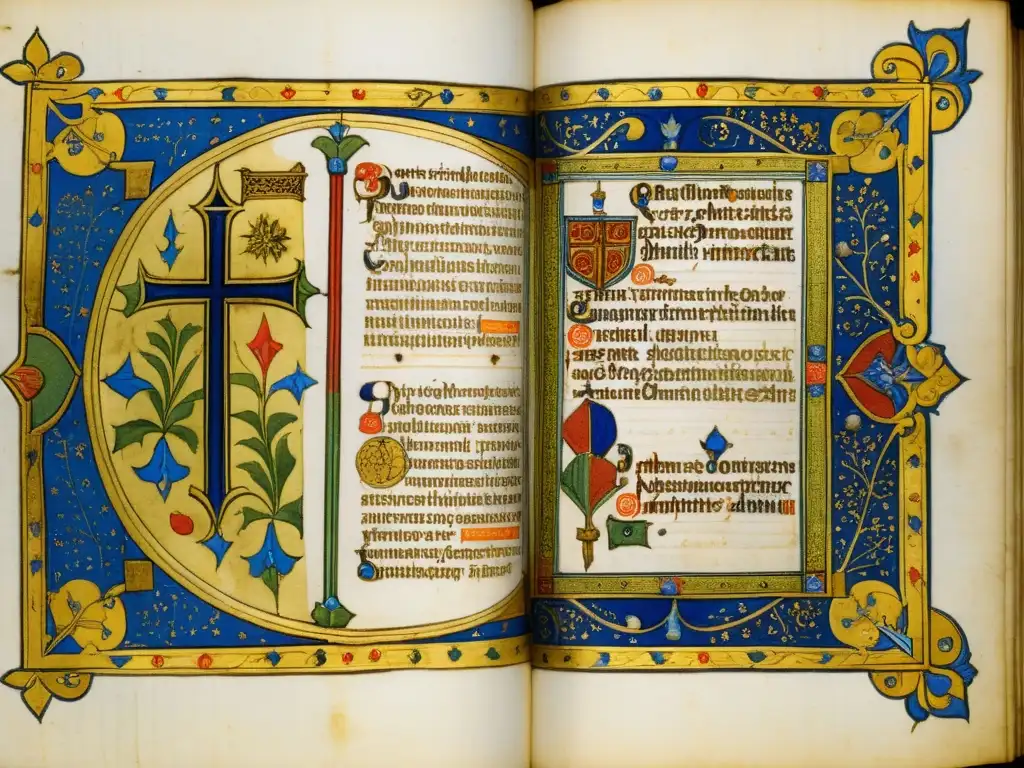 Detallada iluminación de manuscrito medieval con debate filosófico Realismo-Nominalismo en latín, envejecido con toques dorados