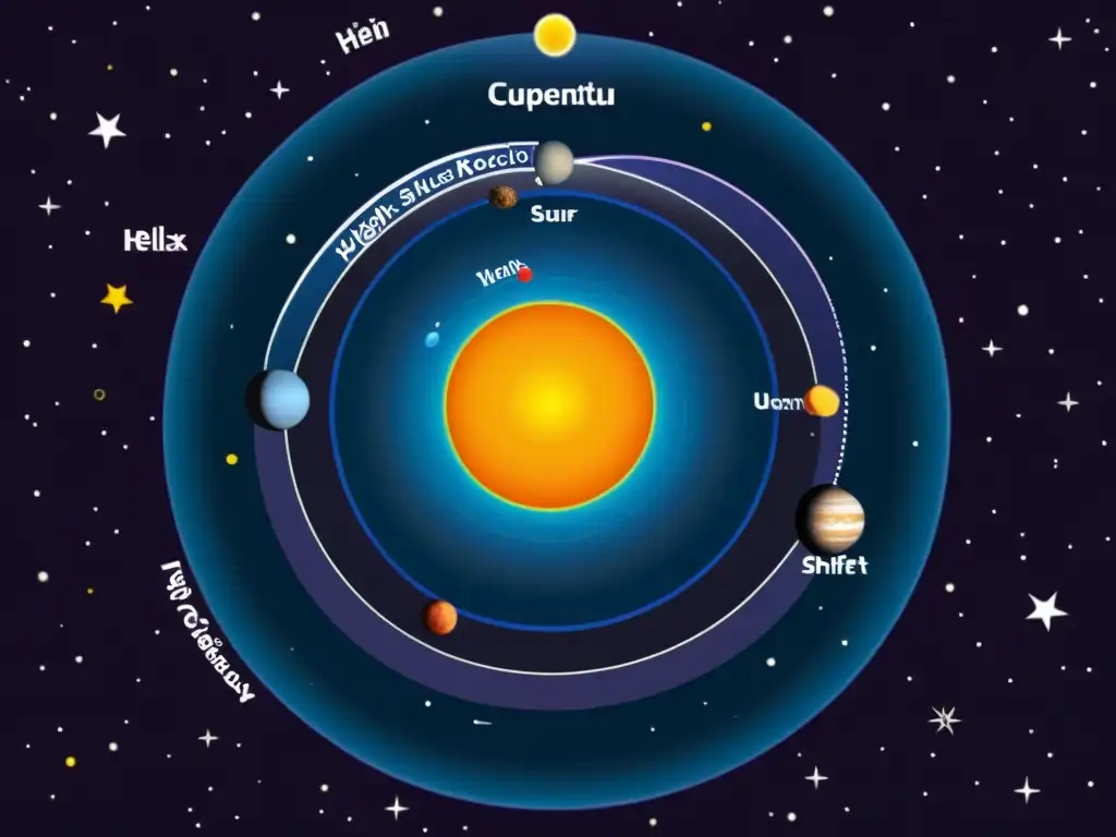 Representación detallada del modelo heliocéntrico del sistema solar, con los planetas orbitando alrededor del sol y el fondo del cielo nocturno