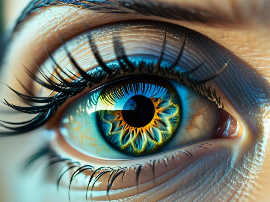 Detallada fotografía de un ojo humano, muestra el patrón del iris, reflejos en la córnea y detalles de pestañas y piel