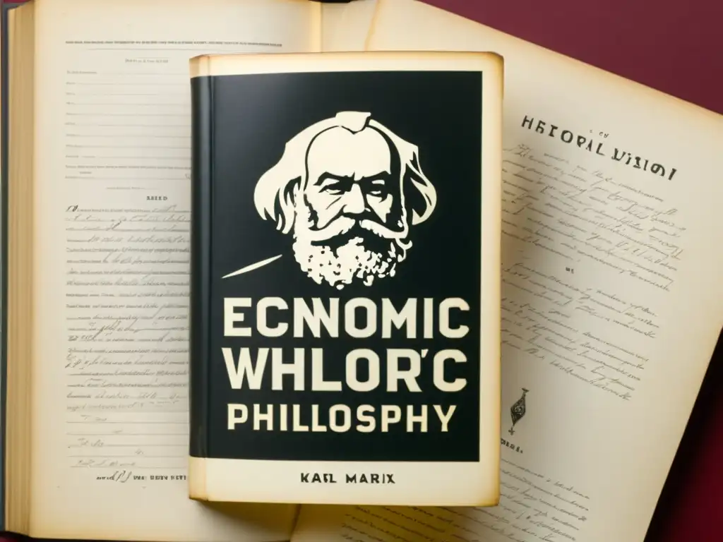 Una fotografía detallada de un panfleto histórico con críticas a la filosofía económica de Karl Marx, rodeado de libros académicos