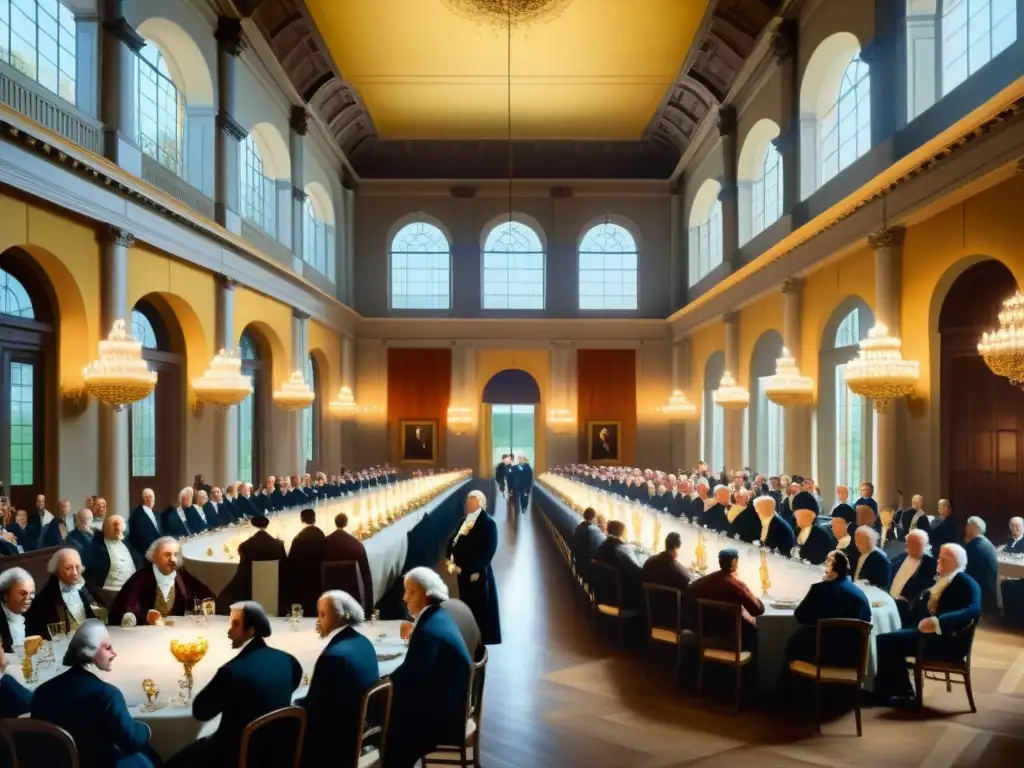 Detallada pintura de influencia iluminista en revoluciones americana y francesa, con figuras prominentes debatiendo en majestuoso salón iluminado