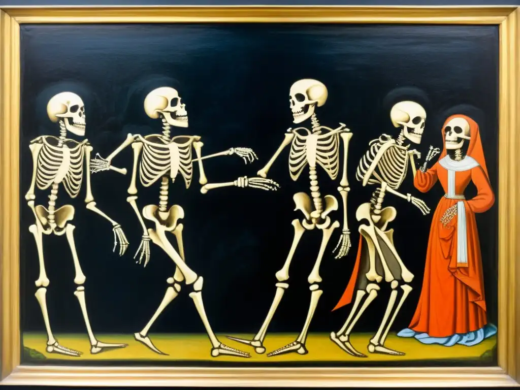 Detallada pintura medieval de la Danza de la Muerte, evocando reflexiones filosóficas sobre la mortalidad en una atmósfera contemplativa y sombría