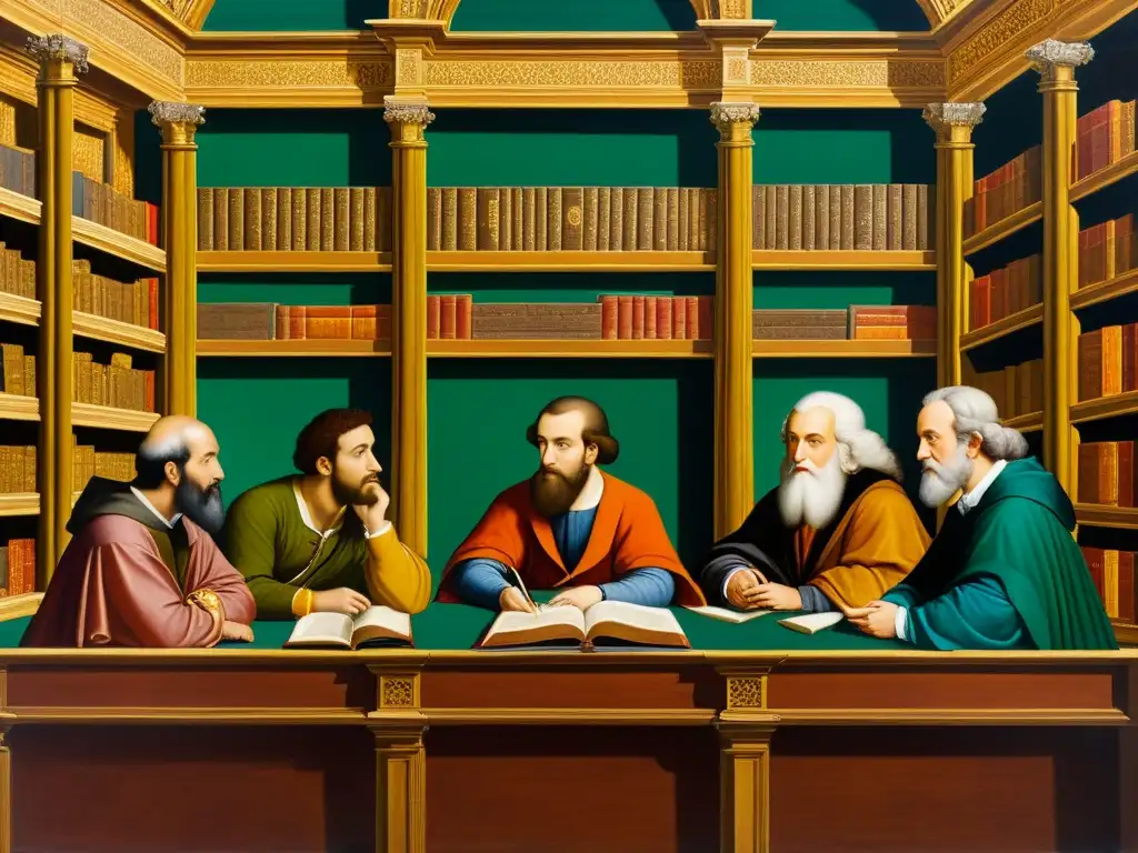 Renaissance Scholars in Deep Contemplation Una detallada pintura renacentista representa a filósofos y eruditos inmersos en la discusión y contemplación en una biblioteca llena de libros antiguos y instrumentos científicos