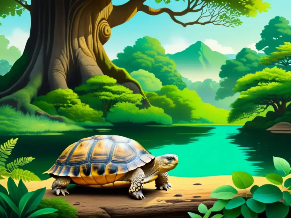 Detallada pintura de tinta: tortuga reposa bajo un árbol ancestral en un apacible bosque, reflejando el respeto por la vida en Taoísmo