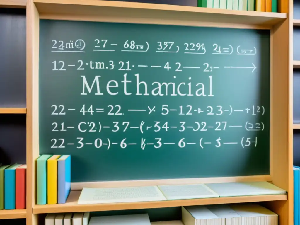 Una fotografía detallada de una pizarra llena de ecuaciones matemáticas y diagramas, rodeada de libros