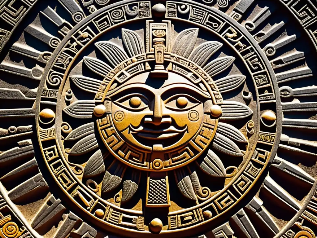 Detallada fotografía en primer plano de las intrincadas esculturas y símbolos del Calendario Azteca, resaltando su significado filosófico y cultural