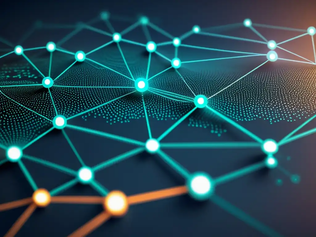 Visualización detallada de una red blockchain, nodos interconectados y transacciones de datos, evocando modernidad y complejidad