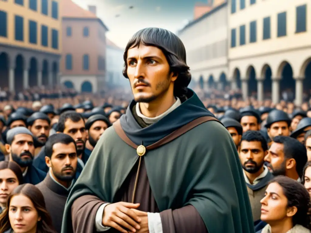Detallada ilustración sepia de Giordano Bruno, mártir renacentista por la libertad de pensamiento