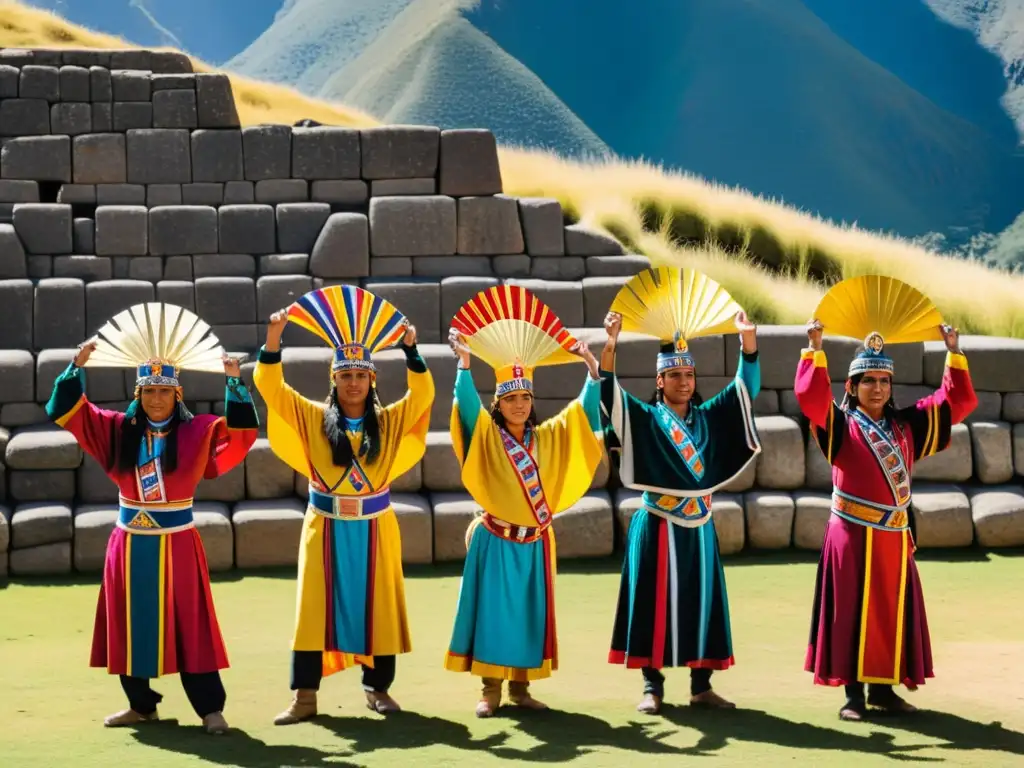 Representación detallada del significado filosófico de Inti Raymi con la ceremonia incaica al amanecer, vestimentas vibrantes y ruinas antiguas