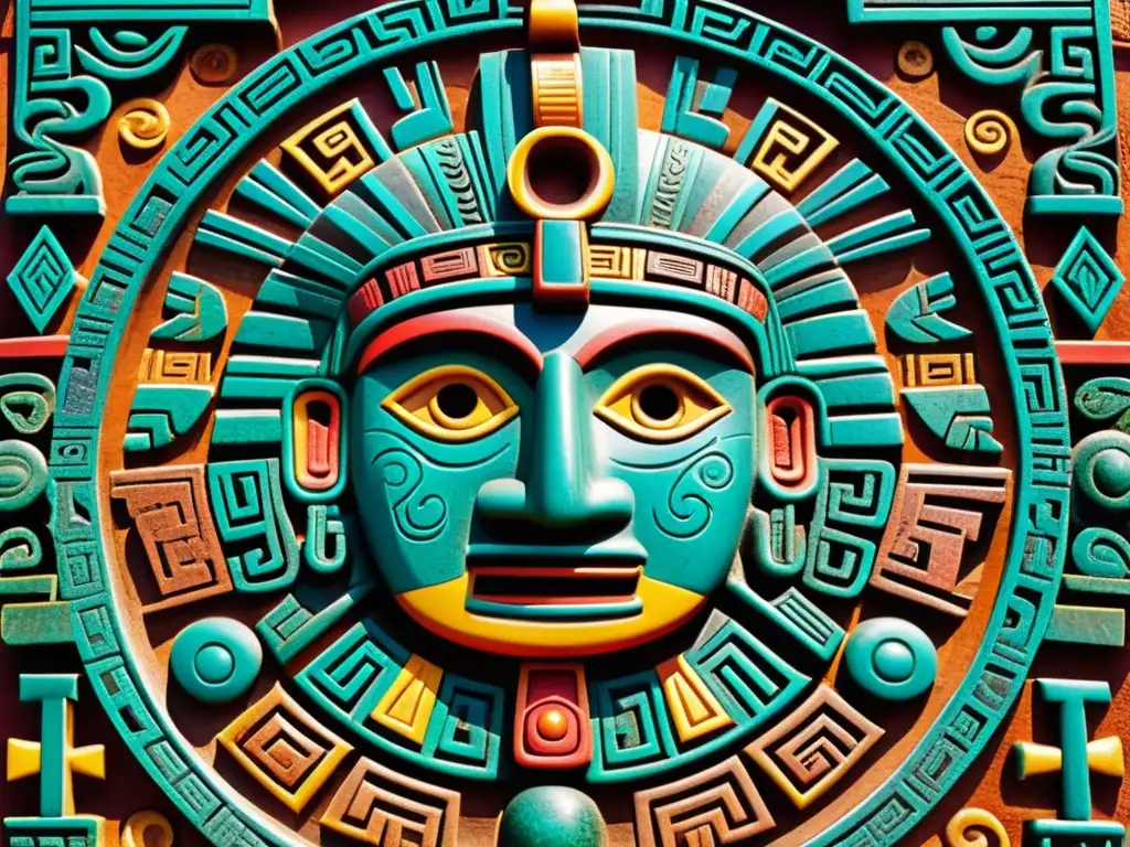 Detallada talla azteca con símbolos culturales y colores vibrantes, muestra conexión filosofía y cultura