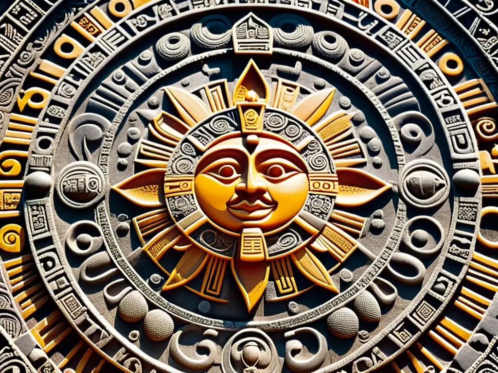 Detallada talla del calendario Azteca, con Tonatiuh en el centro y símbolos que representan el significado filosófico calendario Azteca