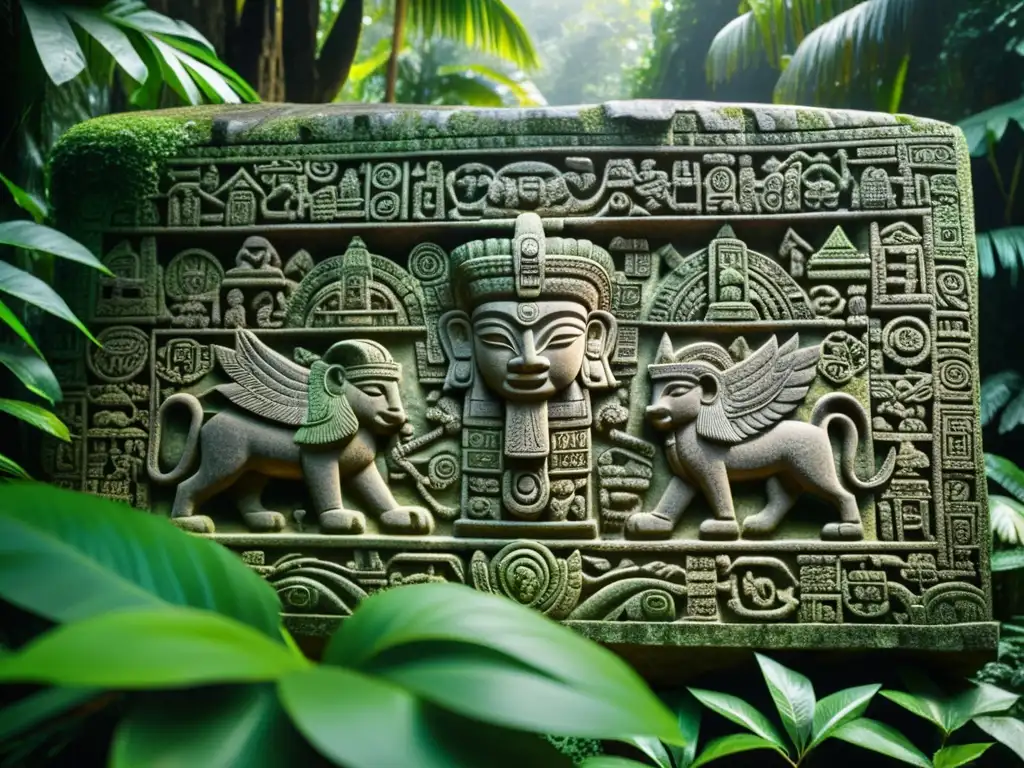 Detallada talla maya en piedra con símbolos antiguos, cubierta de musgo en selva exuberante