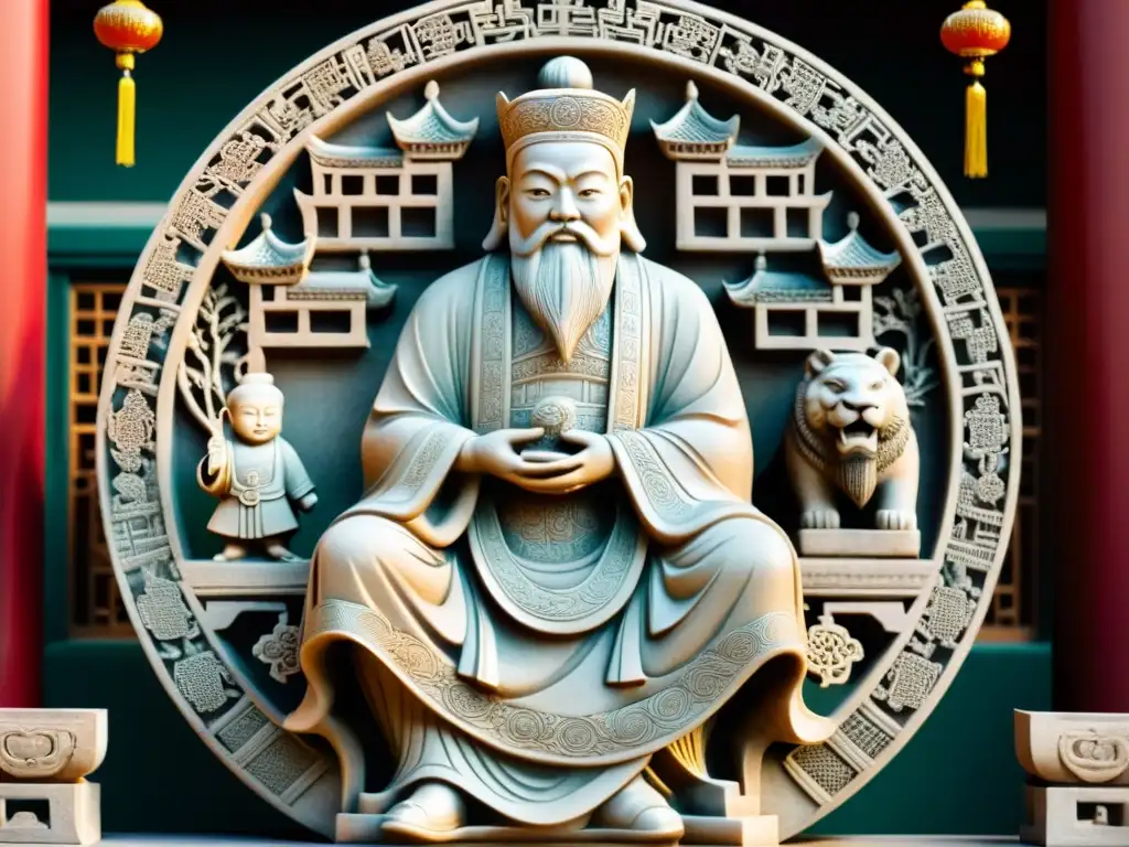 Detallada talla de piedra del filósofo chino Han Fei en un bullicioso mercado antiguo, reflejando la filosofía política del legalismo chino