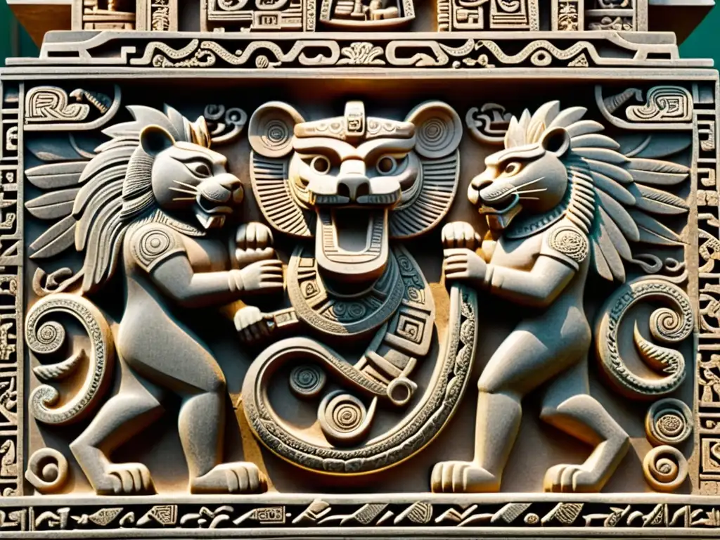 Una detallada fotografía de una talla de piedra que representa a las deidades mesoamericanas Quetzalcóatl y Tezcatlipoca en una pose dinámica e entrelazada, destacando la dualidad en la cosmovisión mesoamericana